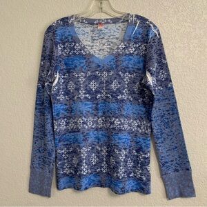 Before Again Tee Womens M Boho Baby Waffle Geometric Print Artsy Blue